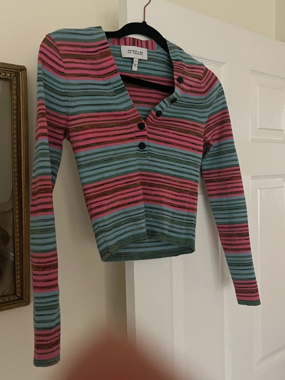 Derek Lam Striped V-Neck Button Cardigan - Pink & Teal & Olive